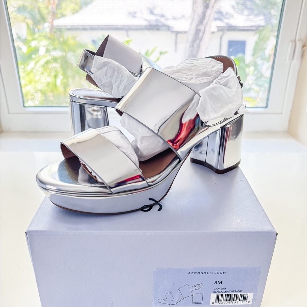 Aerosoles Camera Metallic Silver Faux Leather Platform sandal.